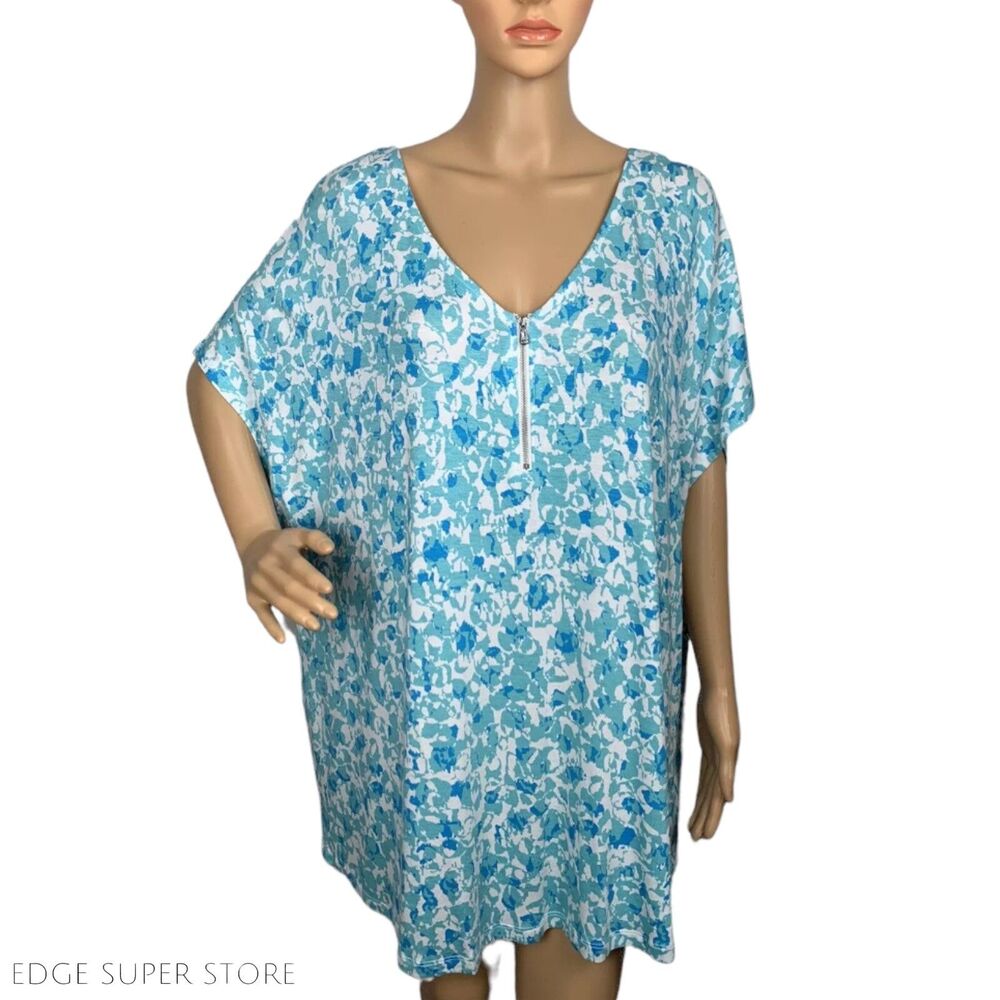 Elie Tahari Woman Plus Blue Teal Zipper Stretch V Neck Rayon Blouse Top Size 3X